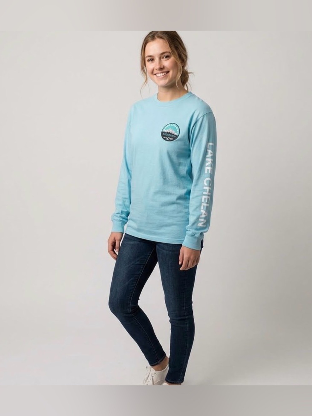 Lake Chelan Washington Comfort Long Sleeve Light Blue Shirt Men's sz S EUC